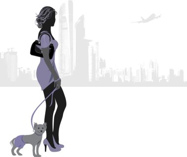 Şehir arka plan üzerinde küçük köpek ile zarif kadın silüeti