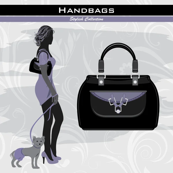 Bolsos con estilo. Silueta de mujer elegante con perrito — Archivo Imágenes Vectoriales