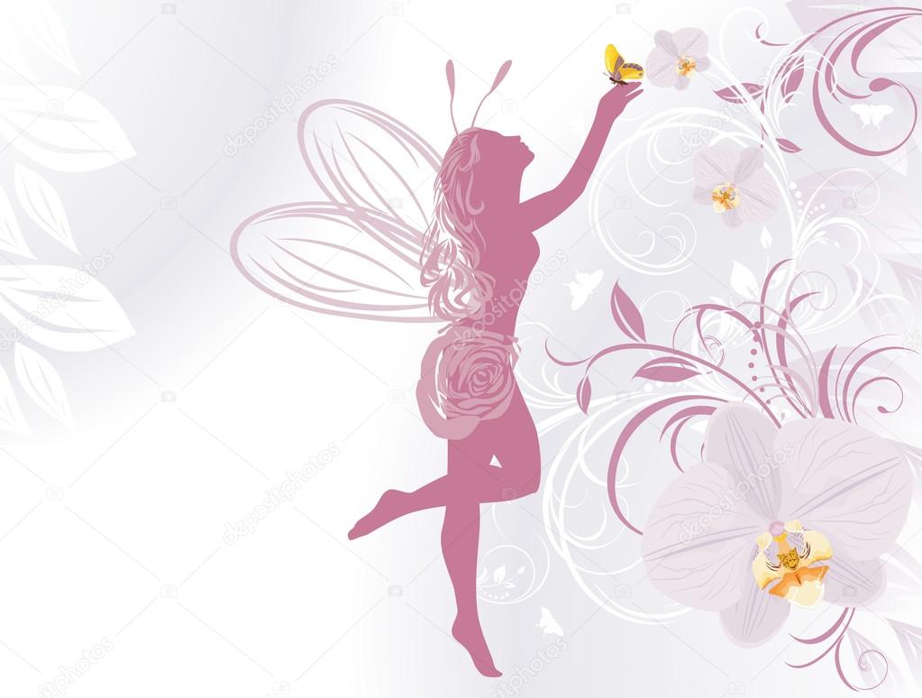 Fairy and butterfly on a decorative background with orchids