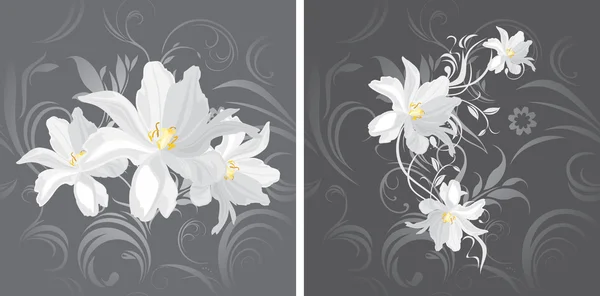 White flowers on the gray ornamental background — Stock Vector