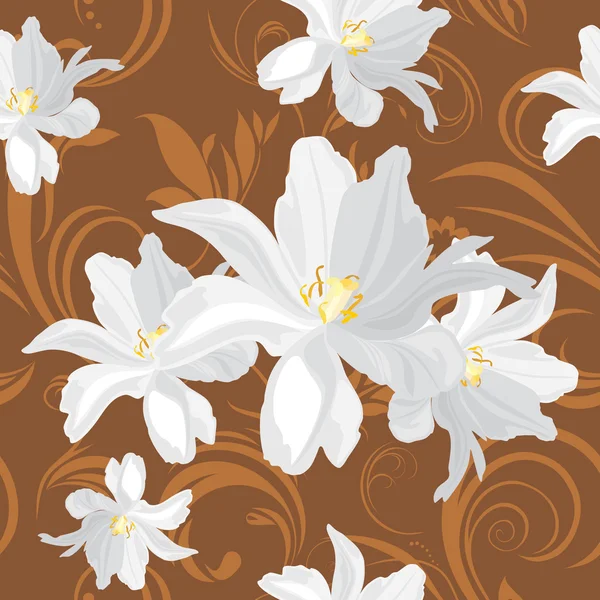 Brown ornamental background with white flowers — Stock Vector