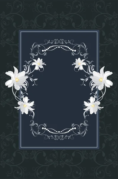 Marco ornamental con flores blancas sobre fondo azul oscuro — Vector de stock