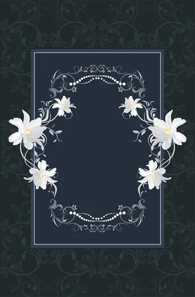 Ornamental frame with white flowers on the dark blue background — Stock Vector