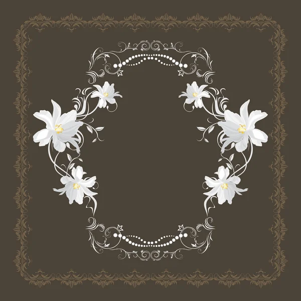 Marco ornamental con flores blancas sobre fondo marrón oscuro — Vector de stock