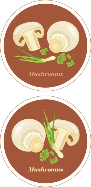 Jamur dengan peterseli dan daun bawang. Ikon untuk desain menu - Stok Vektor