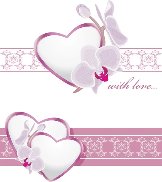 Fronteras decorativas con corazones y orquídeas florecientes — Vector de stock