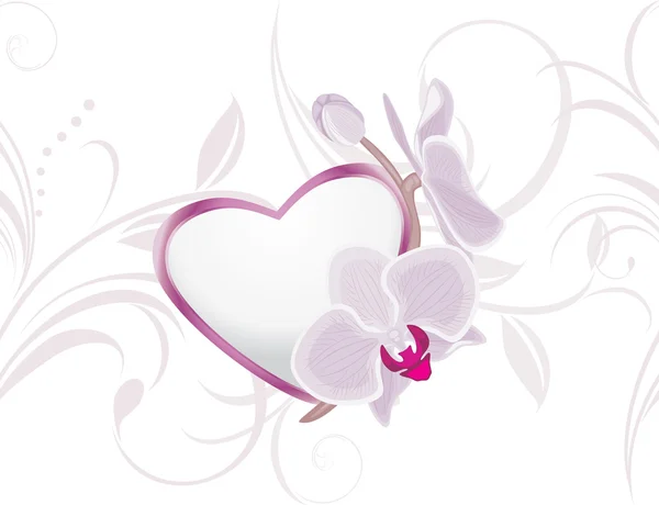Decorative heart with blooming orchids on the ornamental background — Stock Vector