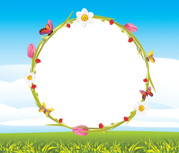 Corona con mariposas y flores de primavera en el fondo del paisaje — Vector de stock