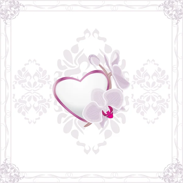 Cadre ornemental avec coeur et orchidées en fleurs — Image vectorielle