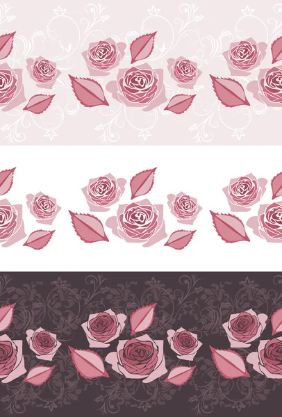 Tre bordi ornamentali con rose rosa stilizzate in fiore — Vettoriale Stock