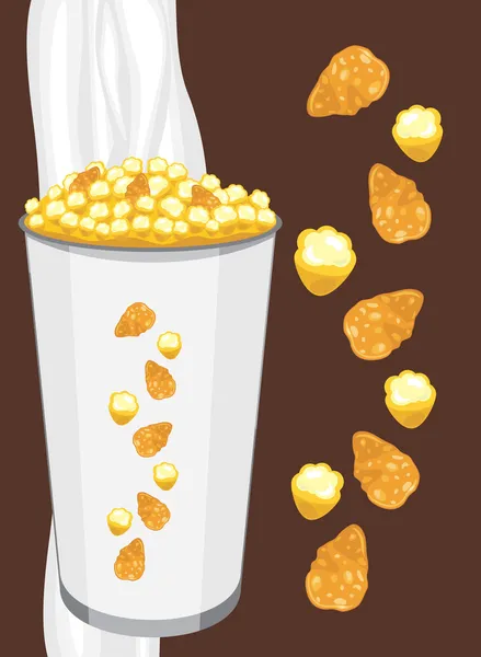 Fiocchi di mais e popcorn in un bicchiere di carta sullo sfondo marrone scuro — Vettoriale Stock