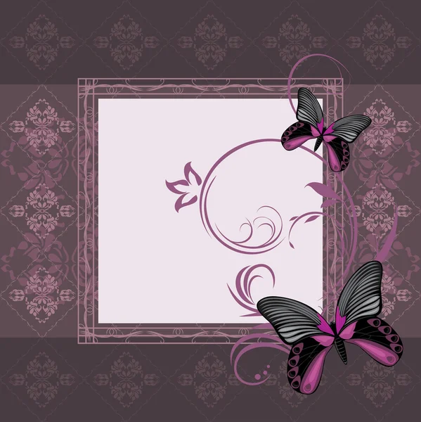 Dark violet ornamental frame with stylized butterflies — Stock Vector