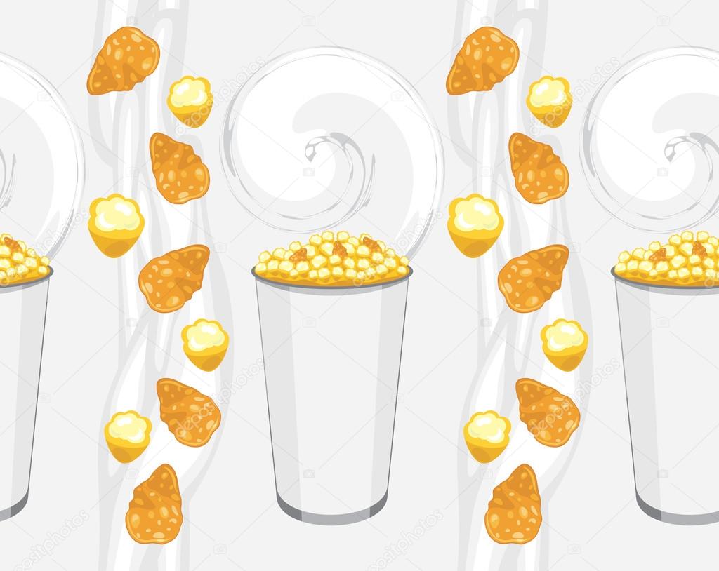 Seamless background with corn flakes and popcorn products