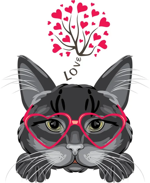 Portrait Black Cat Wearing Red Glasses — Stock Vector