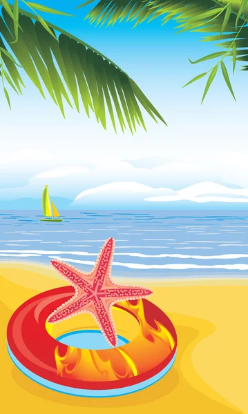 Boya salvavidas con estrellas de mar en la playa de arena — Vector de stock