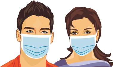 Tıbbi maske takan genç bir adam ve kadın.