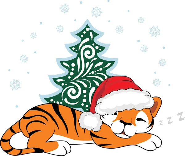 Dormir Tigre Bonito Chapéu Papai Noel Sob Árvore Natal — Vetor de Stock