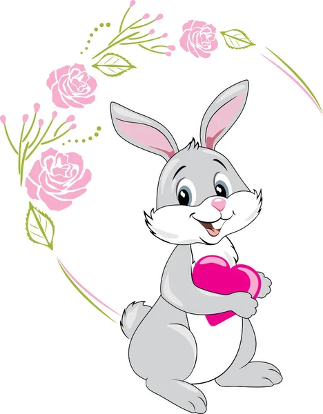 Smiling Rabbit Pink Heart Festive Floral Frame — Stock vektor