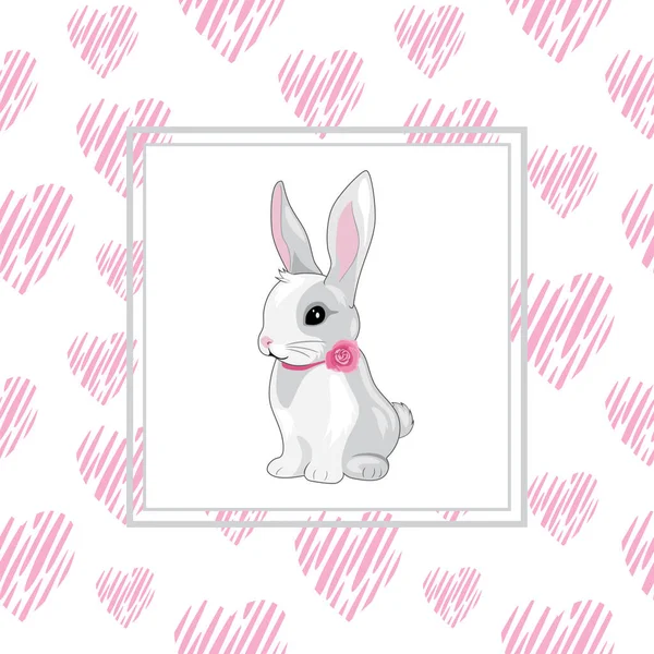 Cute Happy Rabbit Frame Pink Hearts Design Scrapbook — Stock Vector