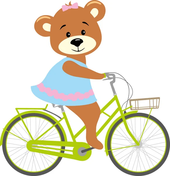 Cute Cartoon Bear Girl Rides Bicycle — Stock Vector