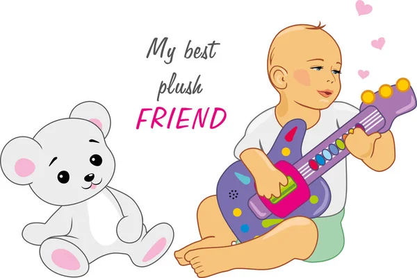 Little Boy Playing Guitar Plush Friend — 스톡 벡터