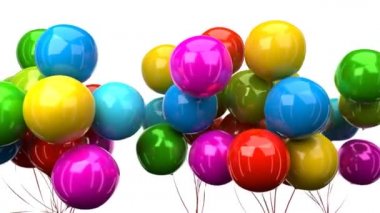 Şenlik balonları. Beyaz arka planda uçan hava balonları. Renkli balon paketleri.