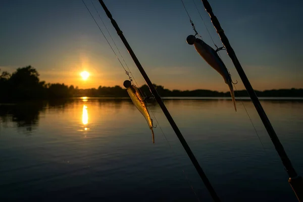 Esche Pesca Nel Paesaggio Del Tramonto Del Lago — Foto Stock