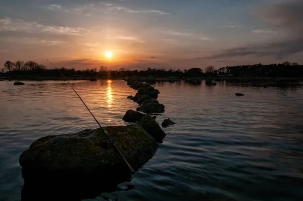 April Sea Shore Sunset Fishing Rod — Stock Photo, Image