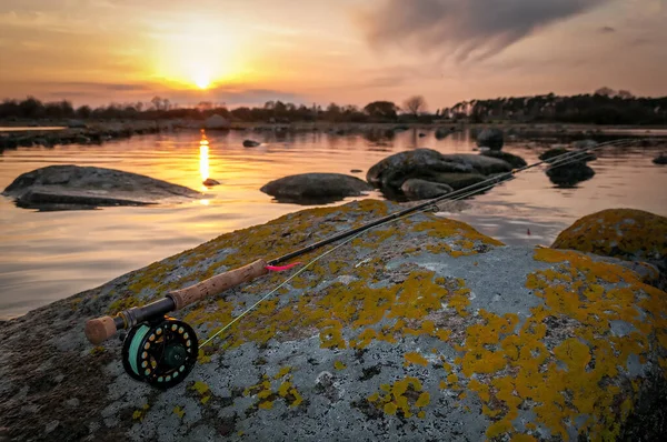 Pôr Sol Pesca Pesca Haste Mosca — Fotografia de Stock