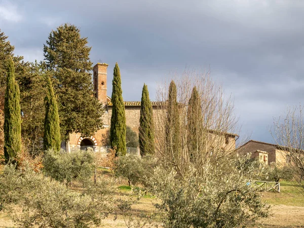 Capilla Montesiepi Toscana Con Torre Redonda — Foto de Stock