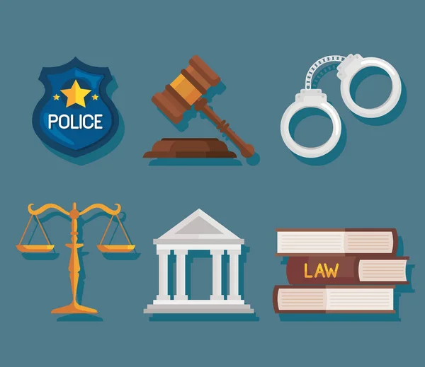 Seis iconos de la ley y la justicia — Vector de stock