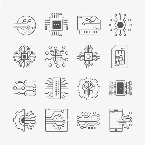 Dezesseis ícones de circuitos eletrônicos —  Vetores de Stock