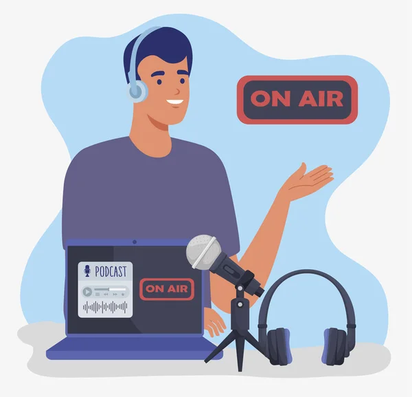 Man podcaster on air — Stock Vector