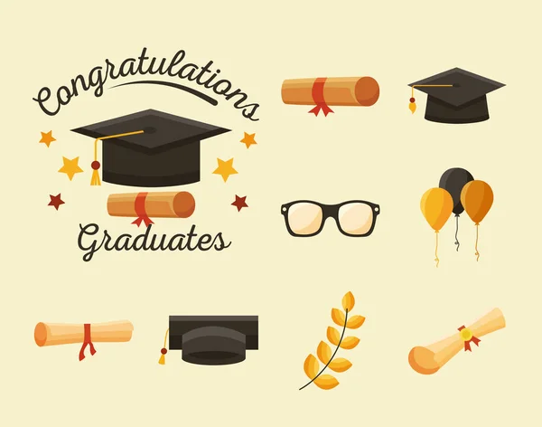 Nueve felicitaciones graduados iconos — Vector de stock