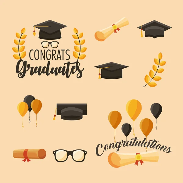 Once felicitaciones graduados iconos — Vector de stock