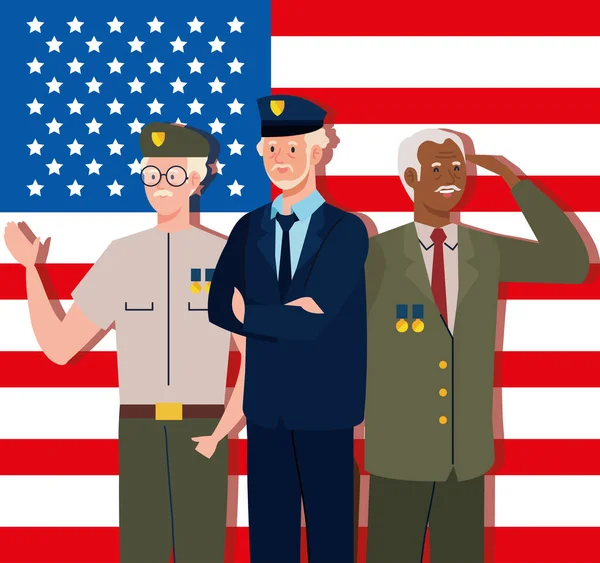 Vétérans et drapeau des Etats-Unis — Image vectorielle