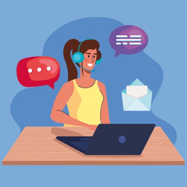 Kadın çağrı merkezi çalışanı ve simgeleri