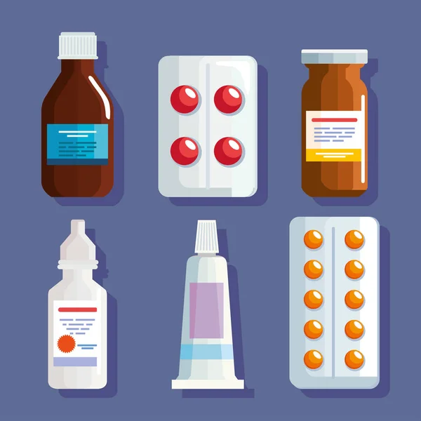 Six icônes pharmacie médecine — Image vectorielle