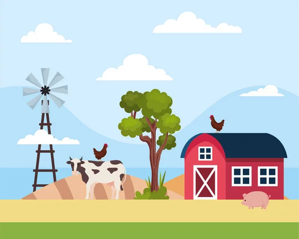 Vache et grange — Image vectorielle
