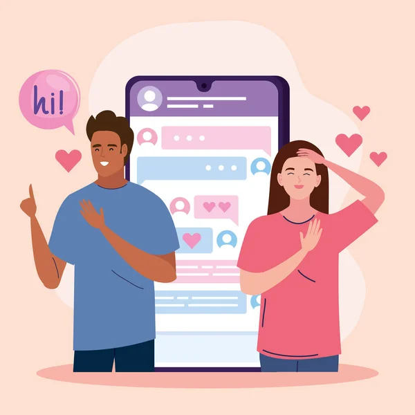 Interraciaal paar met smartphone relatie — Stockvector