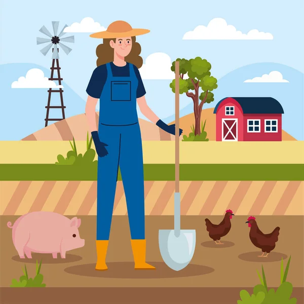 Hembra agricultora y animales — Vector de stock