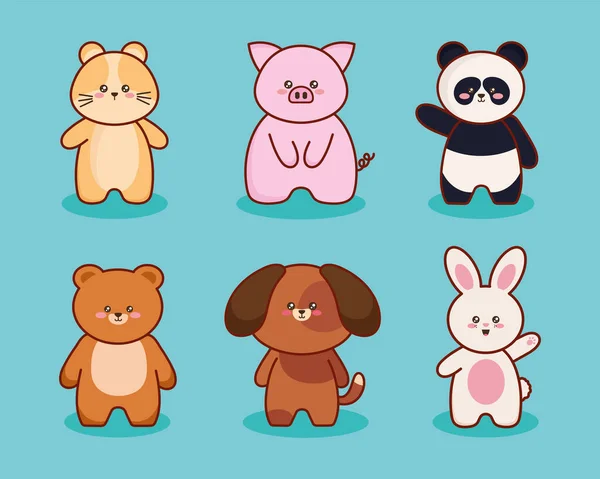 Seis kawaii animais personagens —  Vetores de Stock