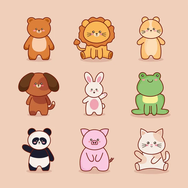 Nine kawaii animals characters — Stock Vector