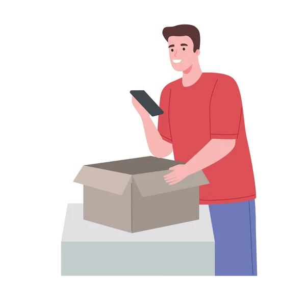 Hombre contenido creador apertura caja — Vector de stock