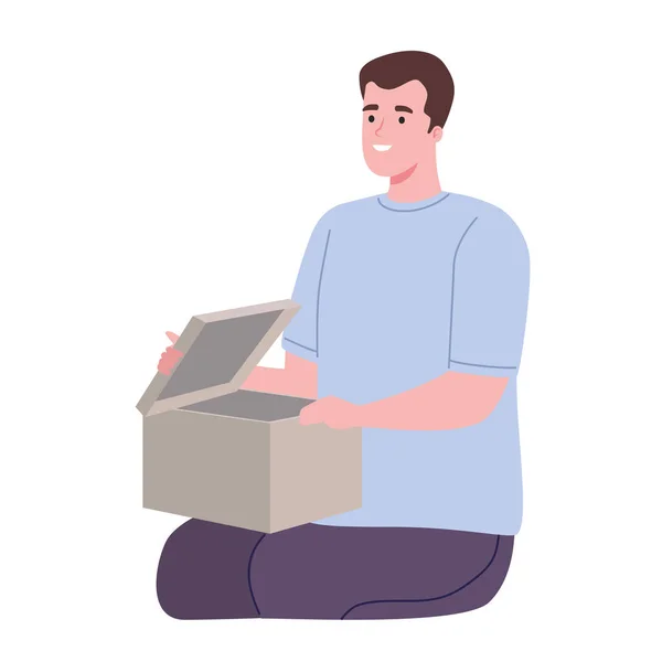 Unboxing, homme assis boîte d'ouverture — Image vectorielle