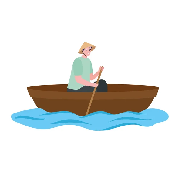 Hombre vietnamita en barco — Vector de stock