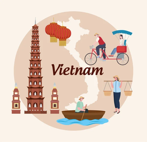 Bezienswaardigheden en mensen van vietnam — Stockvector