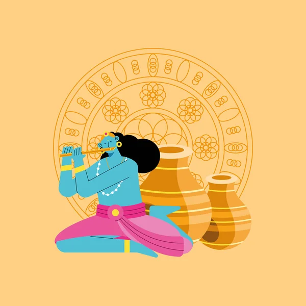 Señor Krishna con frascos de cerámica — Vector de stock