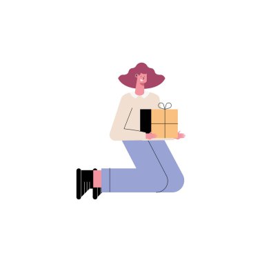 Hediye ile diz çöken kadın.