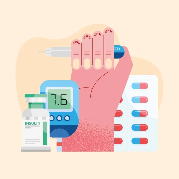 Mão com ícones de insulina —  Vetores de Stock